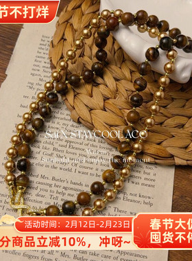 秋冬美拉德虎眼石摩卡金棕色串珠项链女士双层毛衣链可拆卸