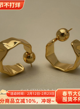 欧美极简ins风亮面金色耳环女士高级感耳钉时髦耳圈多戴法925银针