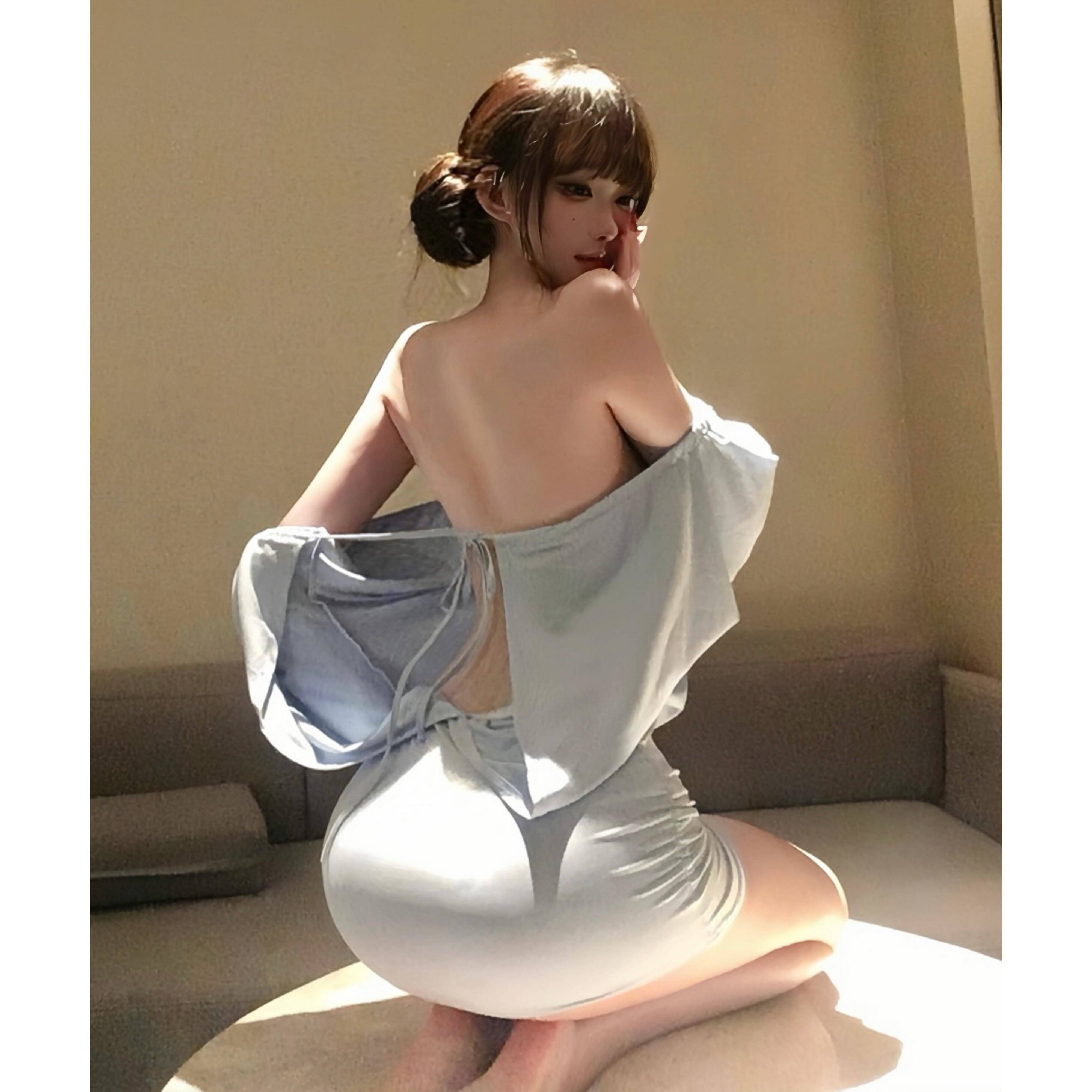 情趣蓝色一字肩长袖洋装女显瘦收腰裙子蝙蝠袖纯欲辣妹包臀裙短