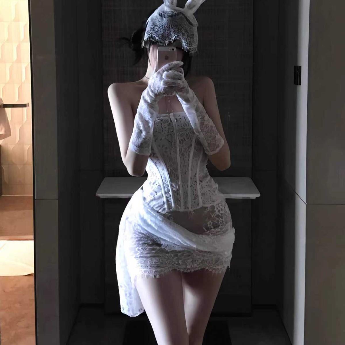 加大码情趣纯欲蕾丝辣妹拼接绑带抹胸连衣裙鱼骨修身露背显瘦短裙