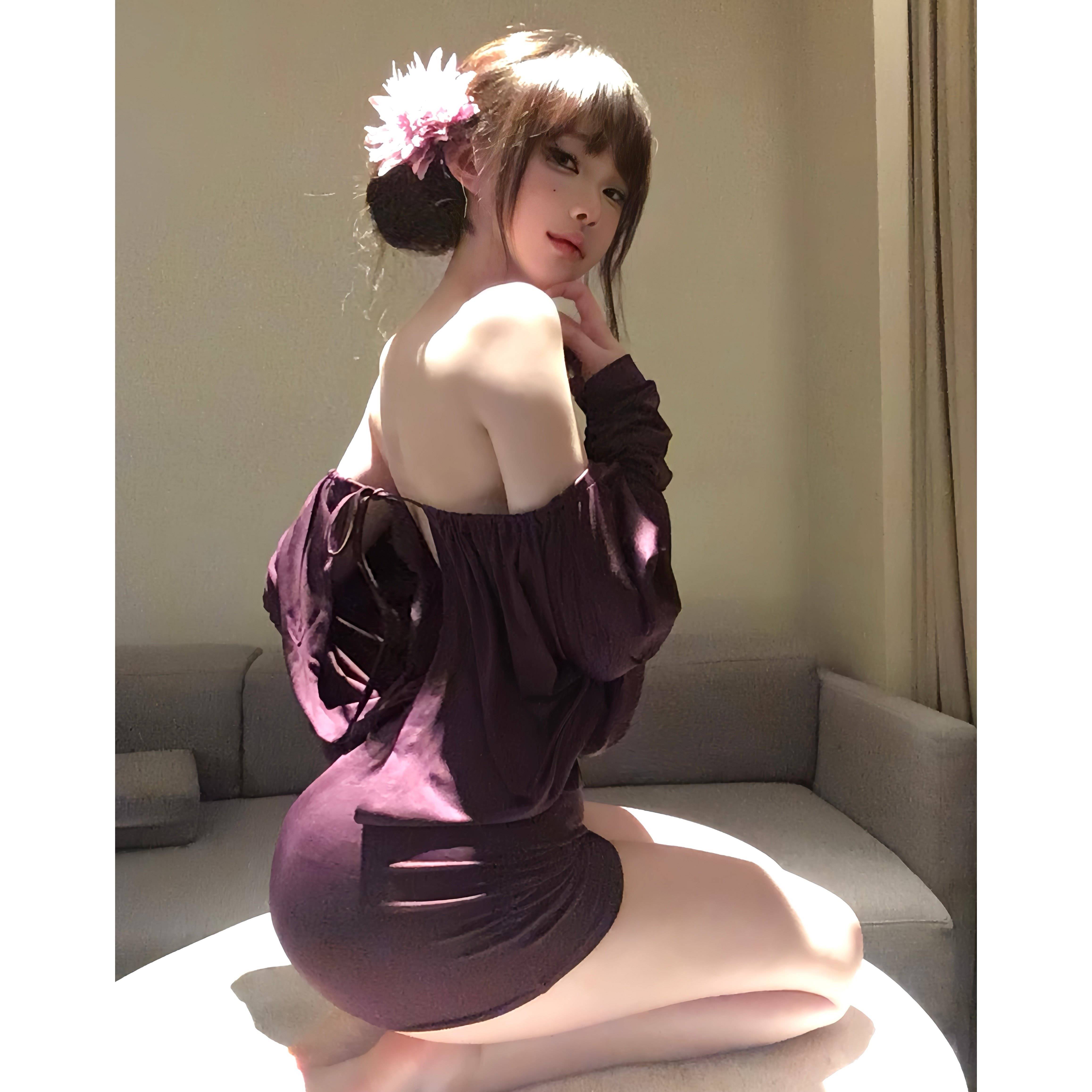 纯欲风紫色一字肩露背连衣裙女情趣海边度假性感辣妹包臀短裙子