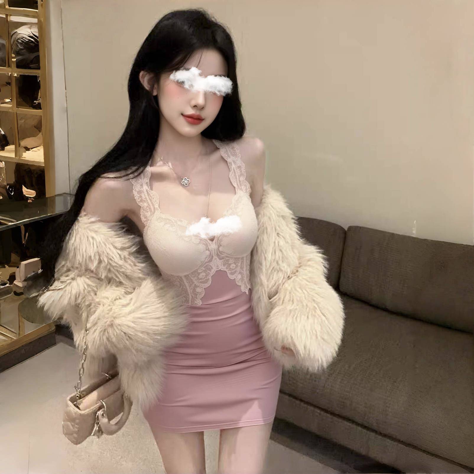 纯欲少女睡衣粉色蕾丝碎花莫代尔舒适吊带超短包臀紧身连衣睡裙