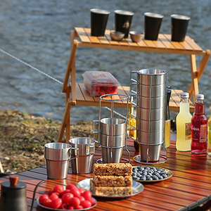 户外野营双层6件水杯子不锈钢304食用级露营茶杯咖啡杯啤酒杯折叠