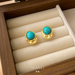 挽里金色椭圆绿松耳钉高级感银针耳环气质小巧精致通勤学生耳饰女