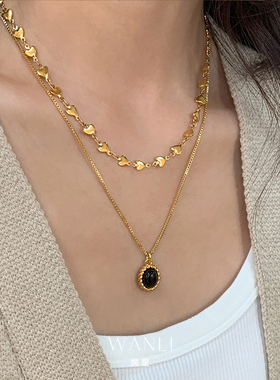 双层爱心黑色吊坠项链女摩登气质