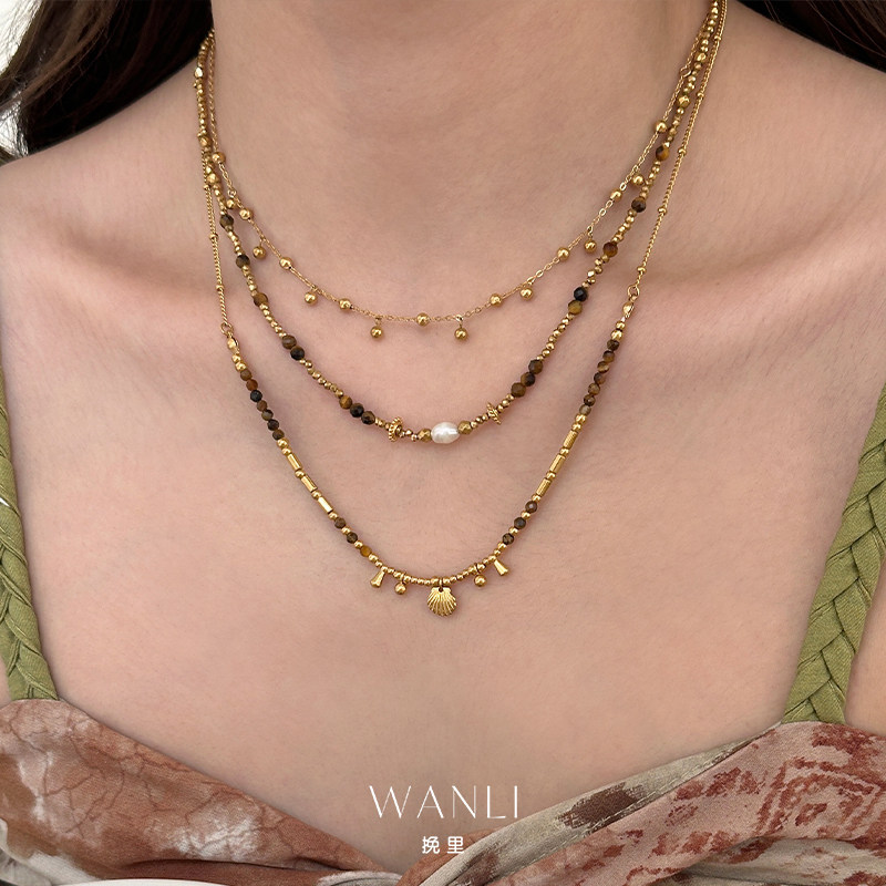 虎眼石串珠贝壳锁骨链项链颈链女日常百搭配裙子高级感不掉色百搭