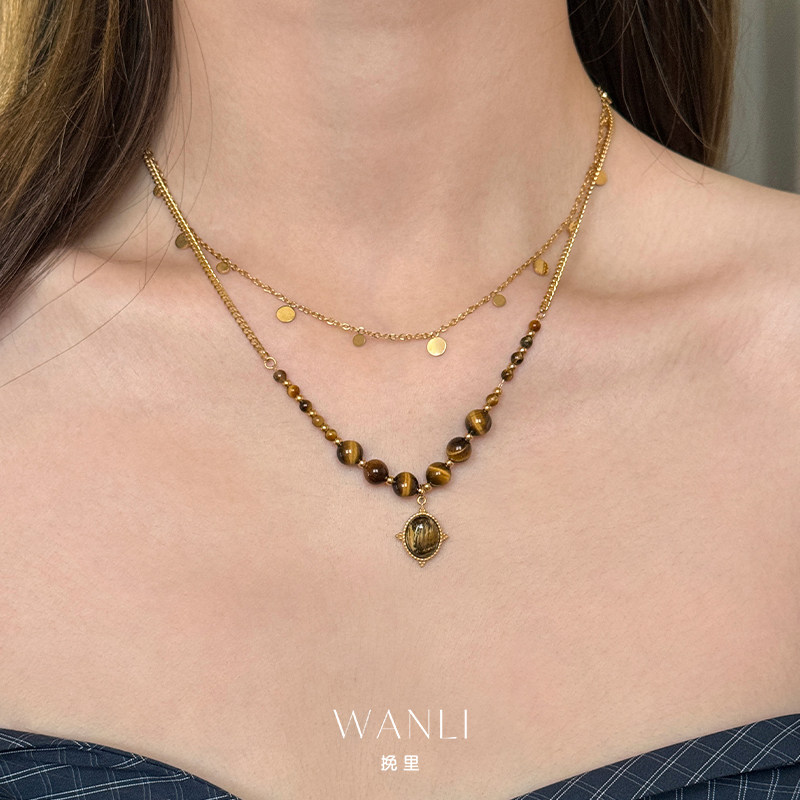 虎眼石椭圆吊坠项链颈链女款叠戴高级感小众复古精致配裙子夏天