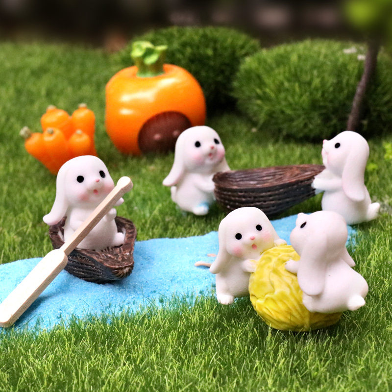 仿真迷你小动物丰收小兔子抬船兔子卡通玩偶模型微景观小摆件盲盒