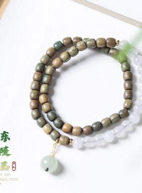 绿檀桶珠6mm白色玉石珠双圈手串手链 文玩饰品佛珠念珠高级送礼