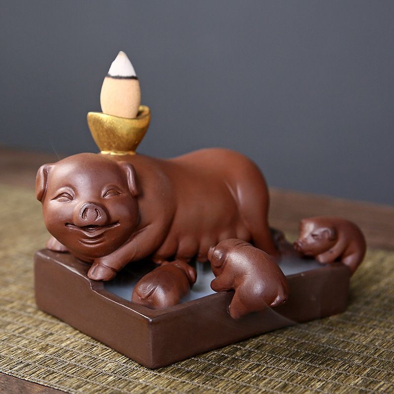 新品紫砂倒流香炉小猪香薰炉室内檀香熏香炉家用茶道创意茶宠摆件