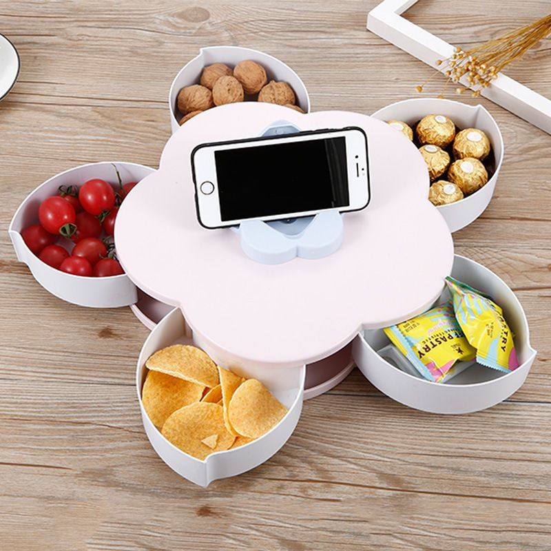 2026花瓣旋转糖果盒家用密封多格零食盘过年水果盘创意零食收盒