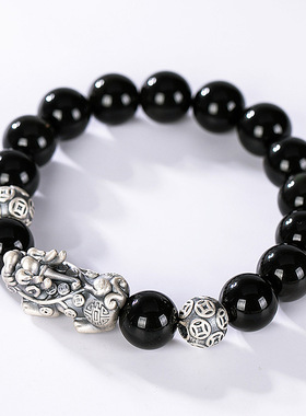 九世银S999足银黑曜石貔貅手链素银做旧百搭个性手串男女情侣款