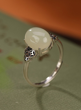 九世银S925纯银天然和田玉小蛋面简约钱币光面款戒指个性百搭指环