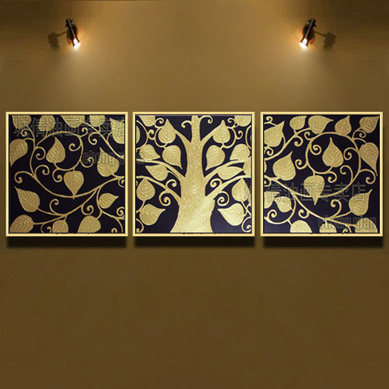 手绘油画东南亚中欧式客厅装饰画壁画金色菩提树欣欣向荣三拼套画