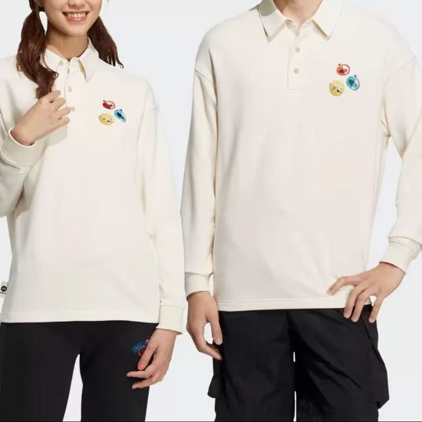 Adidas阿迪达斯男女同款翻领套头长袖刺绣休闲百搭Polo衫HM9949