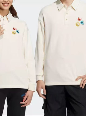 2XL码Adidas阿迪达斯男女同款翻领套头长袖刺绣休闲Polo衫HM9949
