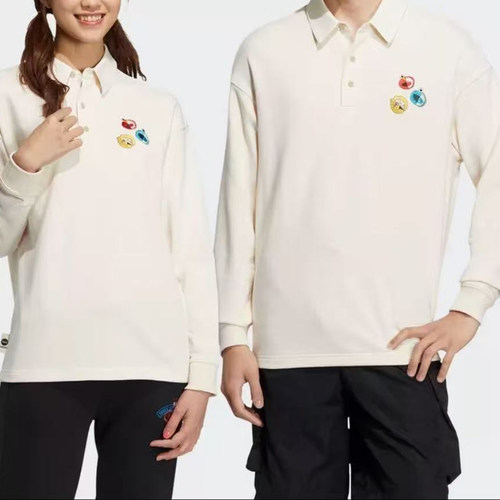 2XL码Adidas阿迪达斯男女同款翻领套头长袖刺绣休闲Polo衫HM9949