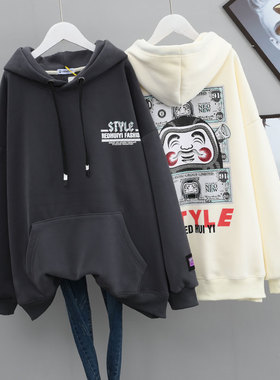 欧货秋冬cec国潮印花外套灰色ins连帽卫衣女加绒大码遮肉显瘦上衣