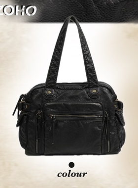 XIZOHO黑色机车包女大容量托特包手提单肩包复古皮质斜挎包腋下包