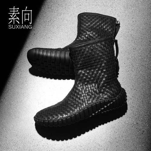 素向编织头层牛皮短靴