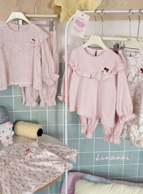 86057女童家居服套装2026早春新款女宝睡衣套装花边甜美纯棉a类