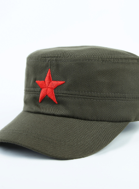 新款红军帽子五角星男女户外平顶帽军绿鸭舌帽复古八路红星演出帽