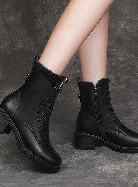 花花公子/PLAYBOY高跟马丁靴粗跟加绒女靴2022秋冬款头层牛皮短靴