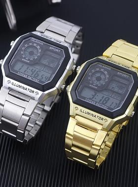 亚马逊电子手表男士钢带户外运动防水小方表东南亚潮流夜光电子表