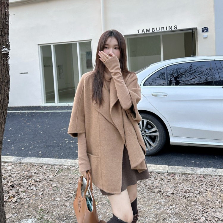 MM S家25早秋新款韩版淑女口袋羊毛双面呢大衣中袖宽松百搭外套女