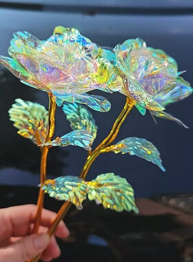 七夕情人节玫瑰七彩玫瑰花仿真花水晶玫瑰花镭射炫光假花摆件