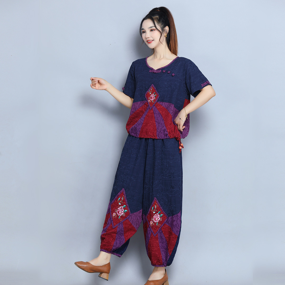 中国风绣花棉麻女夏短袖两件套装