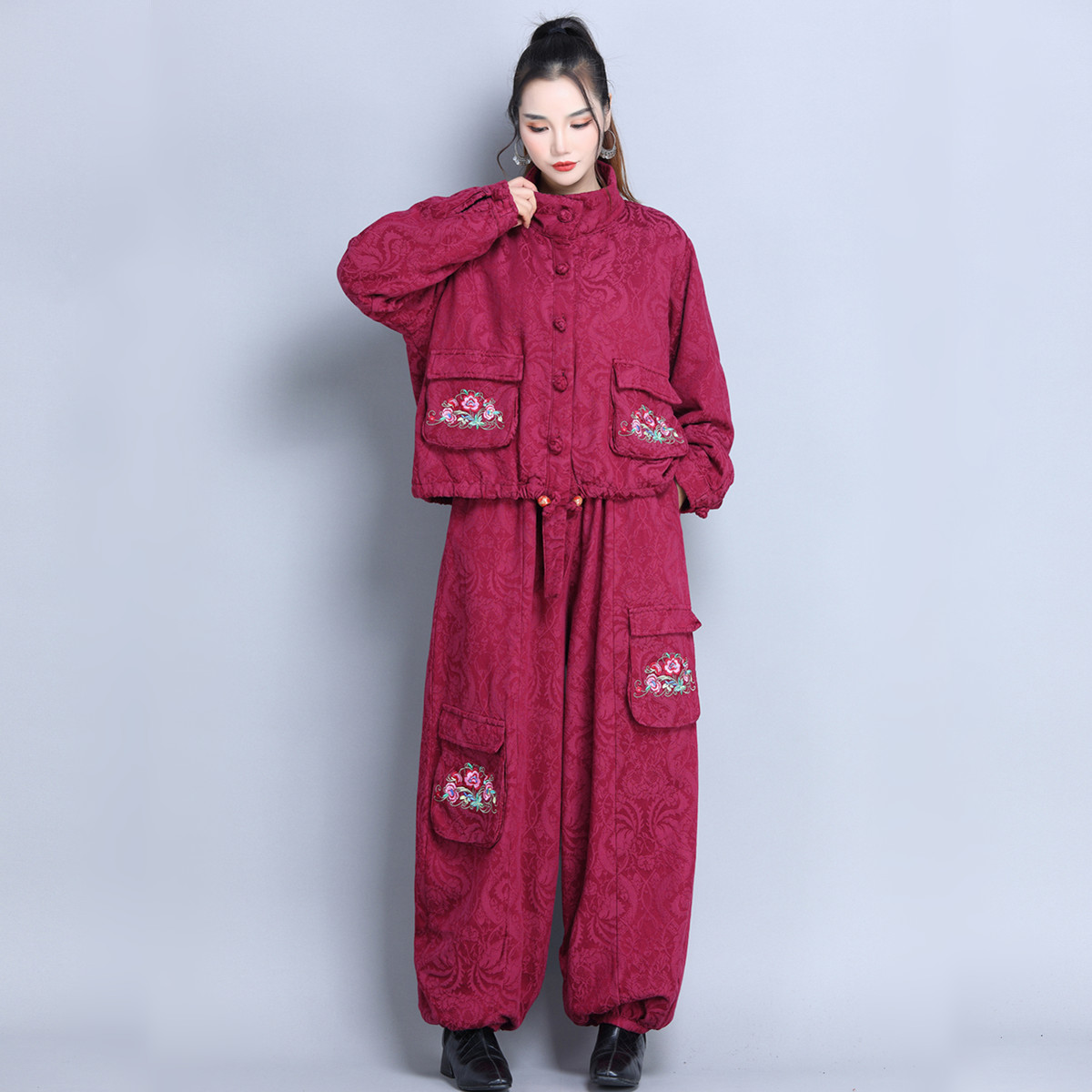 至简元素刺绣花卉阔腿裤套装女冬
