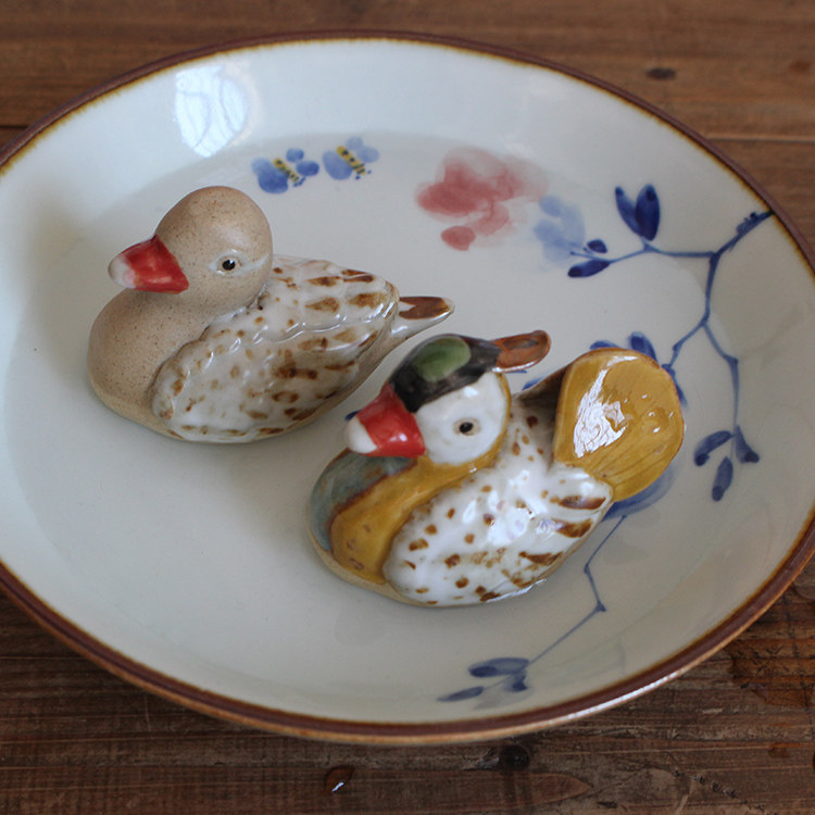 景德镇小清新 手作雕塑陶瓷颜色釉鸳鸯情侣摆件 茶桌书房装饰品