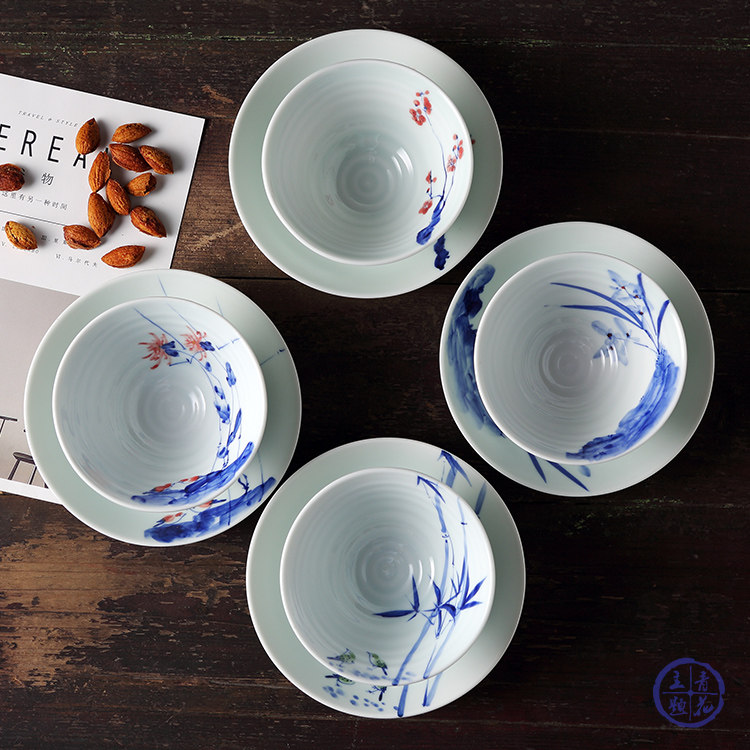 景德镇手绘新款釉下彩梅兰竹菊国画斗笠碗盘碟盘子陶瓷餐碟套装,餐饮具,盘,淘宝优惠券,粉丝福利购,淘宝优惠卷