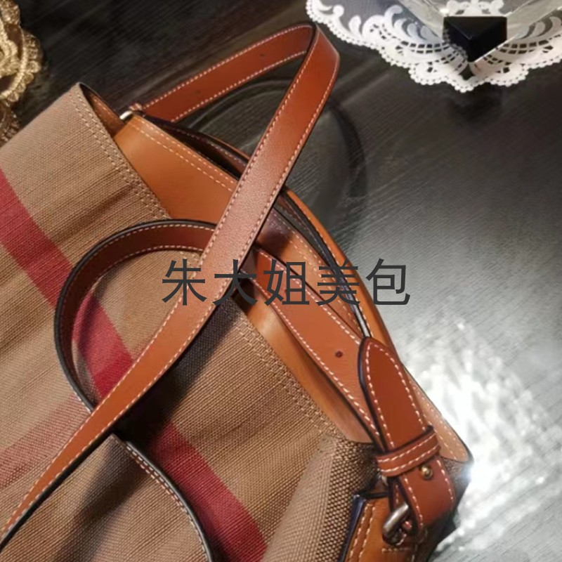 适用改造帆布格子水桶包单肩斜跨带真皮替换带菜篮子包肩带可定制