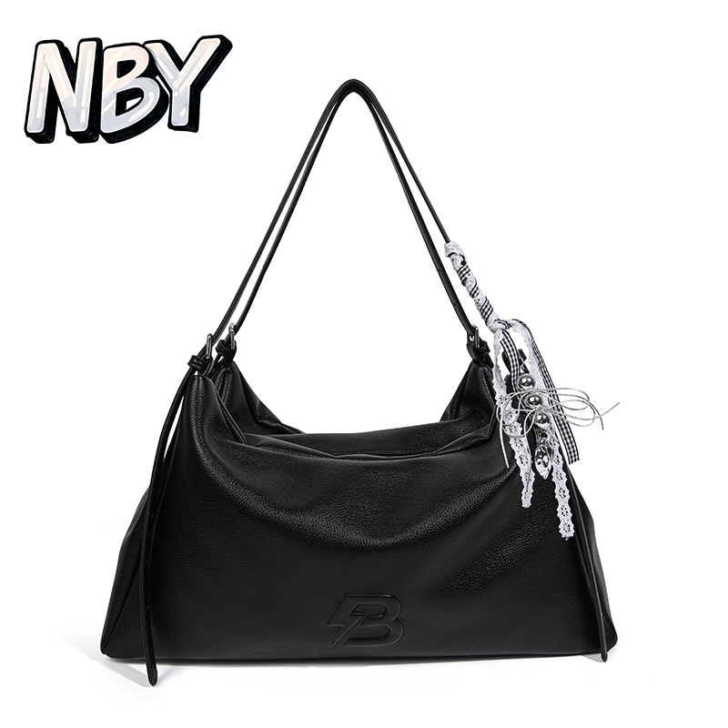 NBY原创潮牌小众通勤百搭大容量托特包黑色高级感简约绑带单肩包