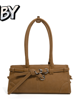 NBY原创潮牌小众复古棕色中古腋下包女Y2K辣妹金属扣带单肩小包