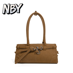 NBY原创潮牌小众复古棕色中古腋下包女Y2K辣妹金属扣带单肩小包