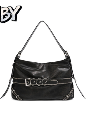 NBY个性潮牌机车风黑色腋下包女大容量金属扣环单肩斜挎托特大包