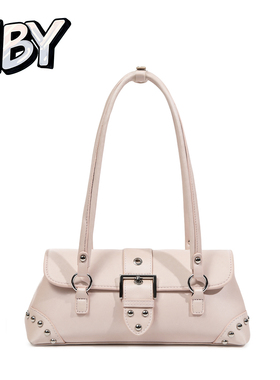 NBY原创潮牌小众复古机车2026春夏腋下包女铆钉重工粉横款方形包