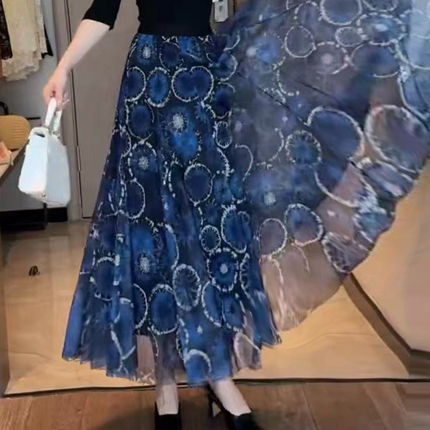 2026新款垂感两面穿百褶网纱半身裙女春夏中长款显瘦印花a字裙子