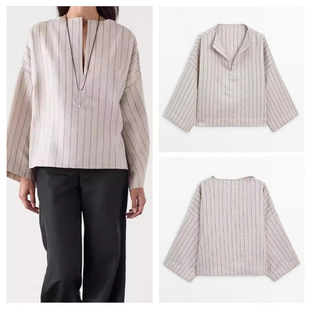 西班牙女装2025秋季OL通勤宽松高智感撞色竖条纹V领宽袖衬衫上衣