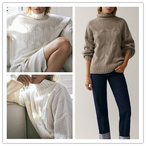 西班牙女装 现货 秋冬季半高领麻花编织休闲针织衫慵懒风毛衣上衣