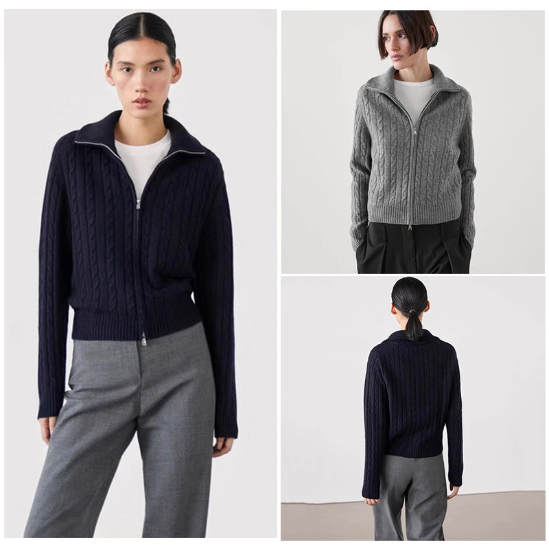 西班牙单2026春季款极简修身版麻花半高拉链羊毛针织开襟衫上衣女