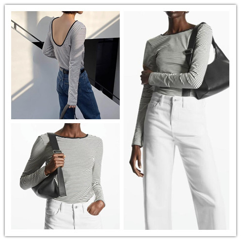 西班牙女装2025秋季新修身设计感撞色露背条纹长袖打底衫T恤上衣