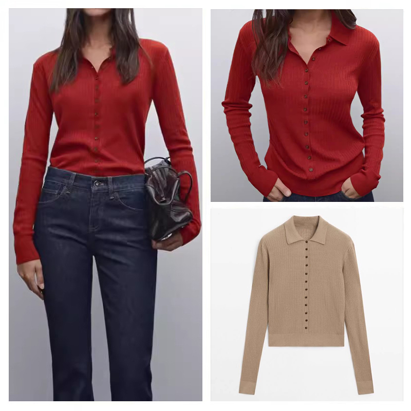 西班牙单2025春季法式简约修身版红色罗纹针织Polo衫领长袖开衫女