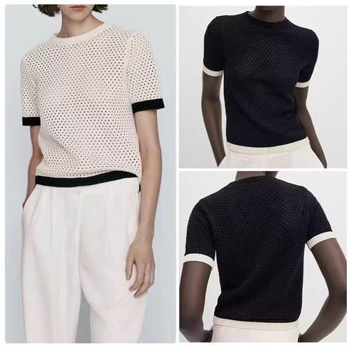 西班牙单2026夏季新款镂空透气舒适小香风短袖撞色针织上衣T恤女