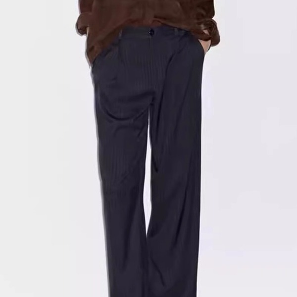 西班牙女装 现货 2025秋季新品简约干练通勤休闲条纹中腰阔腿长裤