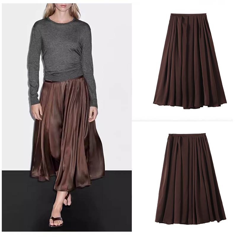 西班牙女装 现货 2025秋季飘逸法式气质优雅垂感中长百褶半身裙子