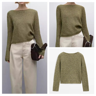 针织衫 圆领毛衣长袖 上衣 休闲慵懒风绿色羊毛短版 西班牙单2026春季